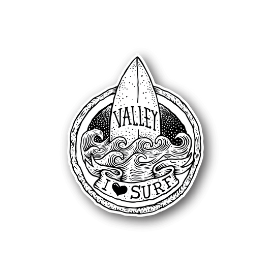 Surf Valley vinyl sticker: circle waves and "VALLEY SURF" text