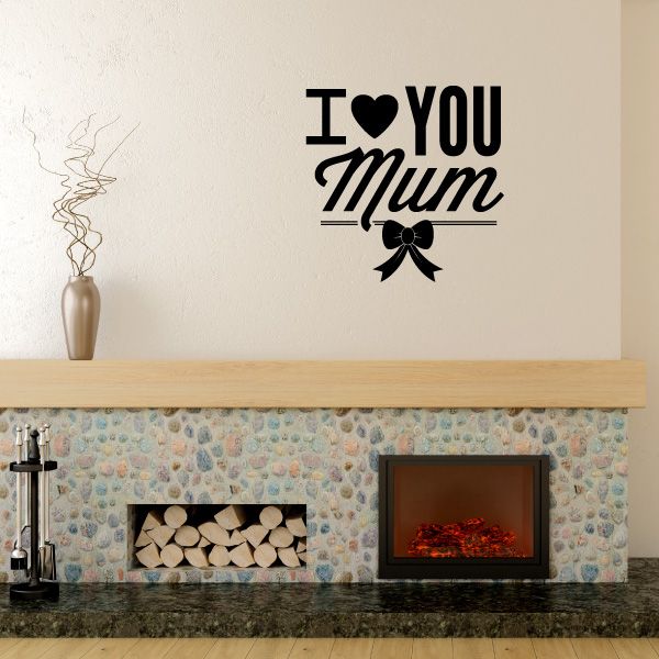 Heart ribbon wall decal with black "I love you Mum" lettering and heart