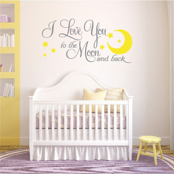 Wall decal with "I Love You to the Moon and back" text, stars, and yellow moon