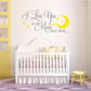 Wall decal with "I Love You to the Moon and back" text, stars, and yellow moon