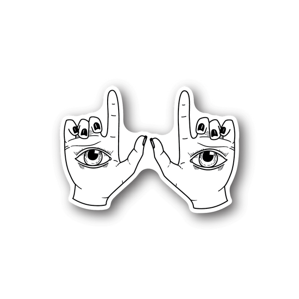 Vinyl sticker with two outlined hands framing an eye design