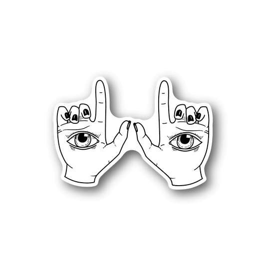 Vinyl sticker with two outlined hands framing an eye design