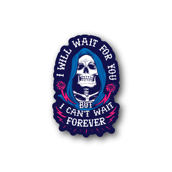 Vinyl sticker featuring a white skull with long blue hair, pink roses, and circular text