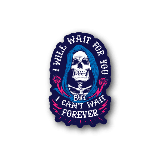 Vinyl sticker featuring a white skull with long blue hair, pink roses, and circular text