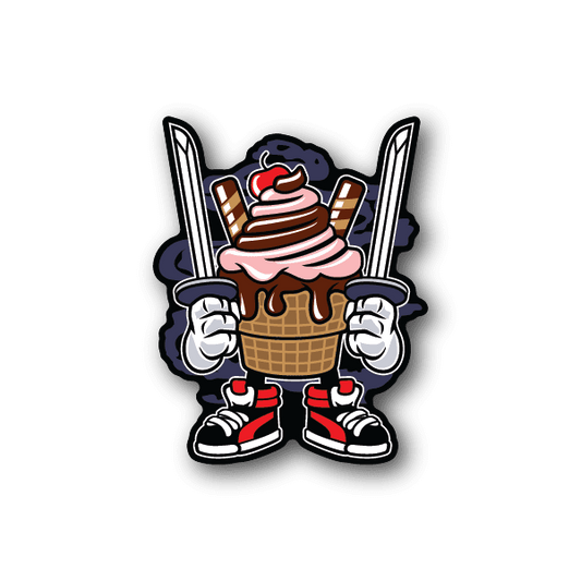Ice cream ninja vinyl sticker with two swords and an ice cream character