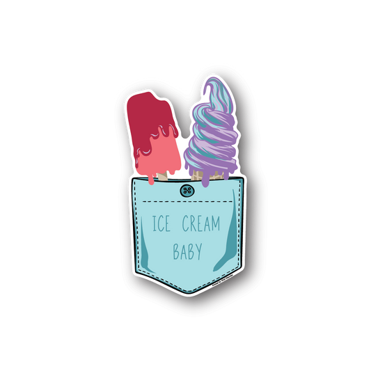 Ice cream pocket vinyl sticker with pastel pink and blue ice cream, 'ICE CREAM BABY' text