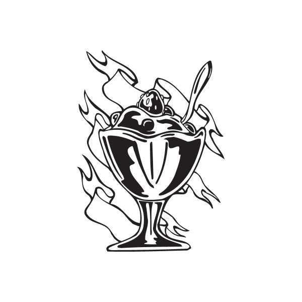 Ice cream sundae decal, black outline with drips and flames around sundae glass