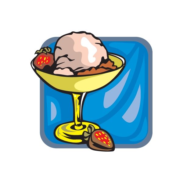 Ice cream sundae sticker: cartoon scoop in yellow bowl with strawberry topping