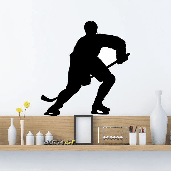 Black ice hockey player wall decal holding a stick, skating silhouette