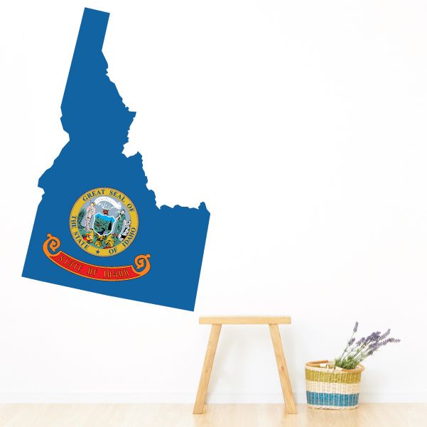 Idaho state flag sticker with Idaho-shaped blue outline and state seal
