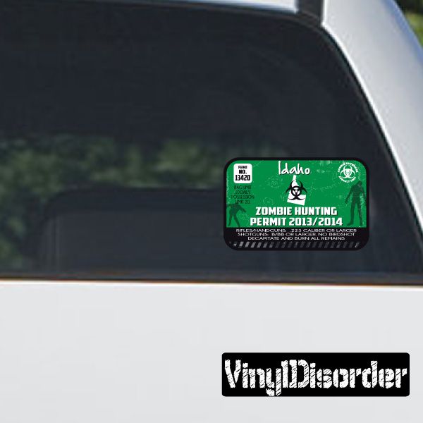 Idaho zombie hunting permit sticker, green with permit text and zombie hunter graphic