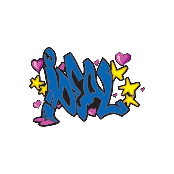 Graffiti sticker with blue tag, pink hearts, yellow stars, and black outlines.