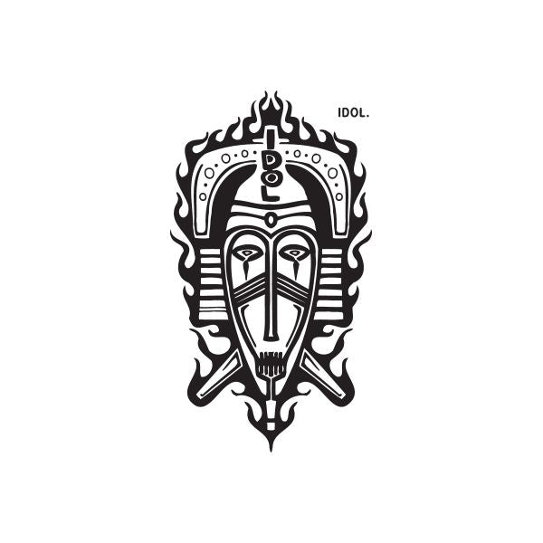 Idol graffiti decal: black-and-white flaming idol mask with 'IDOL.' text