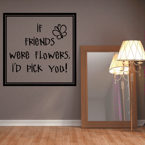 Wall decal with handwritten quote and small flower icon in a black square frame