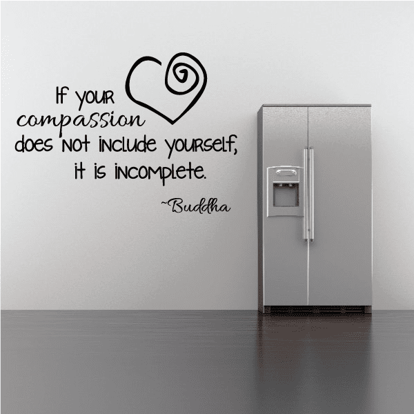 Buddha wall decal with heart swirl and quote text in black lettering on light background.