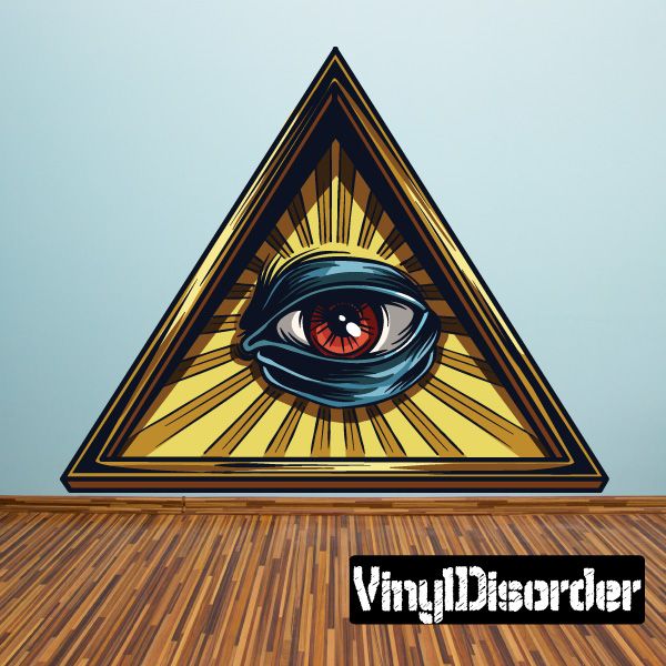 Triangular Illuminati sticker with single eye and radiating rays in gold and dark blue