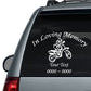 Black dirt bike memorial decal with white "In Loving Memory" text, bike icon, and custom text