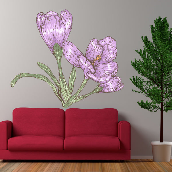 Illustrated flower stickers: purple floral bouquet with green stems on a wall.