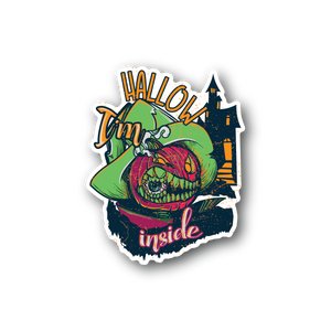 Die-cut pumpkin vinyl sticker with cartoon face and text 'HALLOW' and 'I'm inside'