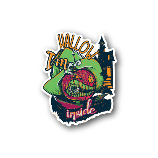 Die-cut pumpkin vinyl sticker with cartoon face and text 'HALLOW' and 'I'm inside'
