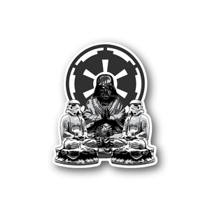 Vinyl sticker with black-and-white seated Buddhist figure and circular halo graphic