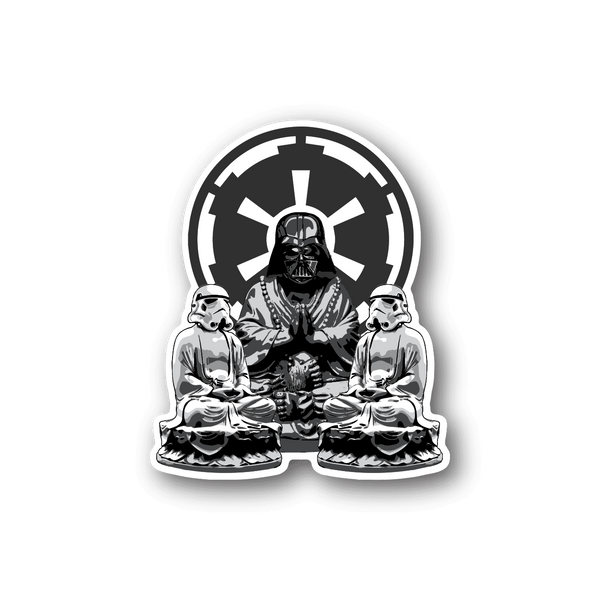Vinyl sticker with black-and-white seated Buddhist figure and circular halo graphic