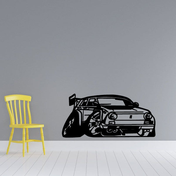 Cartoon car wall decal, black outlined sports car graphic