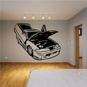 Import show car decal, black and white sports car graphic
