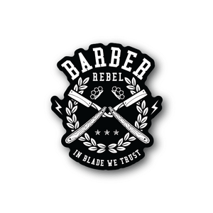 Barber vinyl sticker with Rebel text, crossed razors, laurel wreath, and stars