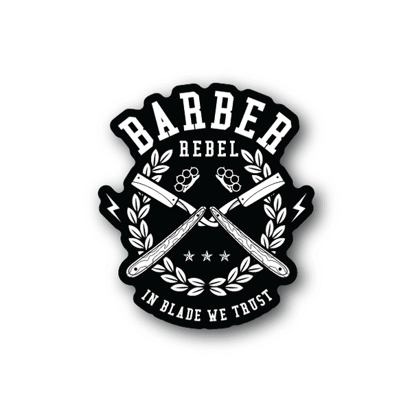 Barber vinyl sticker with Rebel text, crossed razors, laurel wreath, and stars