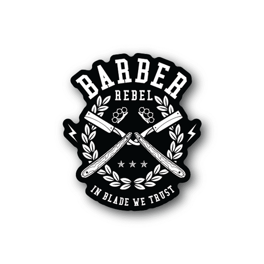 Barber vinyl sticker with Rebel text, crossed razors, laurel wreath, and stars