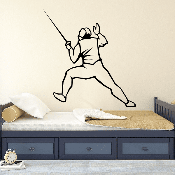 Fencing guard decal with a black outlined fencer holding a sword