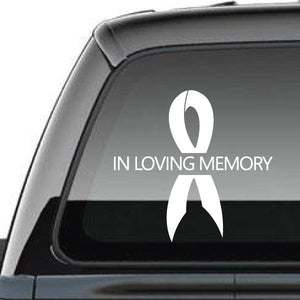 Memory ribbon vinyl decal with white ribbon and “In Loving Memory” text