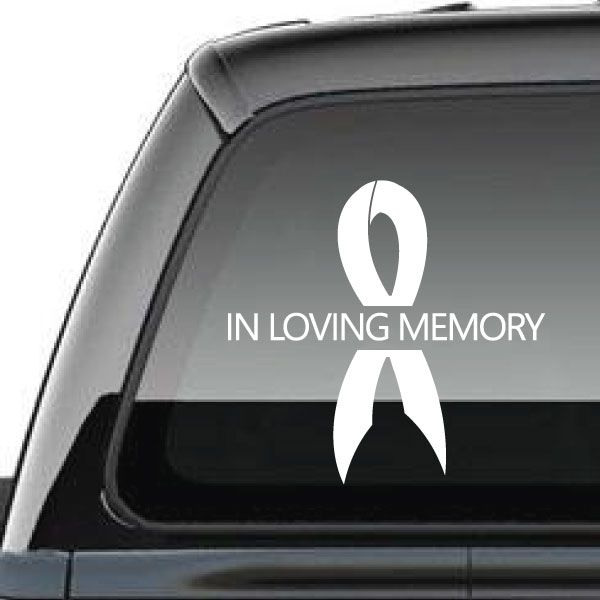 Memory ribbon vinyl decal with white ribbon and “In Loving Memory” text