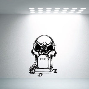 Skull R.I.P vinyl wall decal with tombstone, black and white