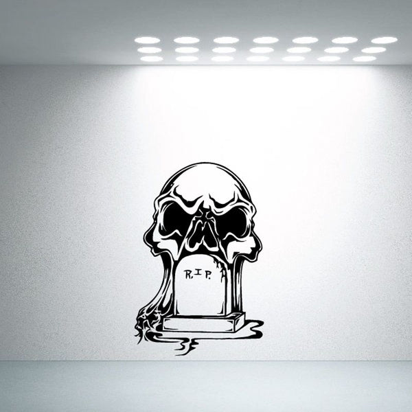 Skull R.I.P vinyl wall decal with tombstone, black and white