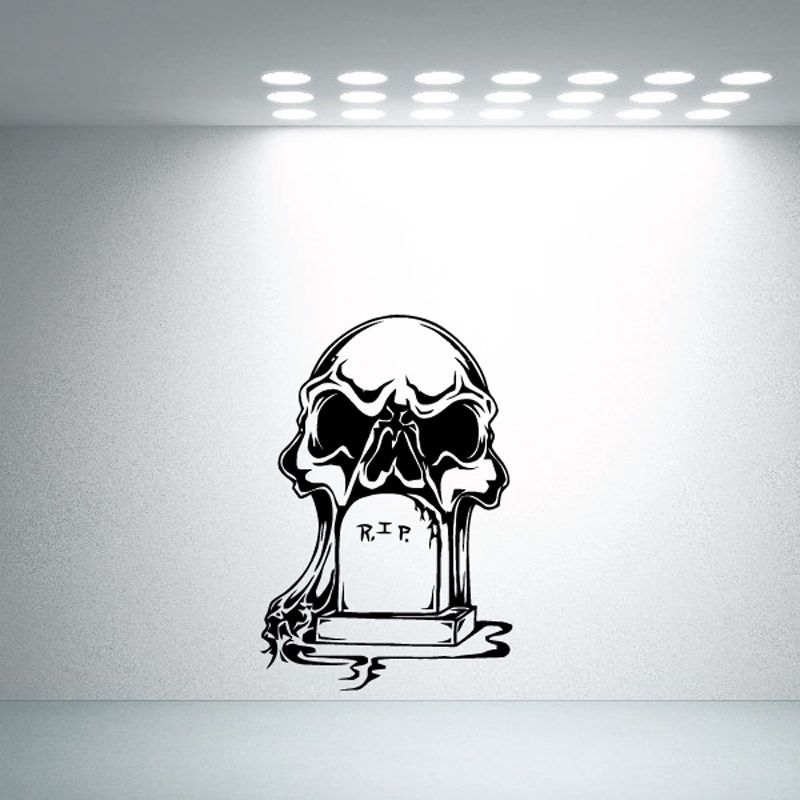Skull R.I.P vinyl wall decal with tombstone, black and white