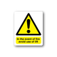 Warning lift sticker with yellow triangle and exclamation; text: In the event of fire