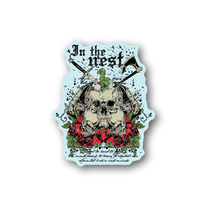 Skull and bird vinyl sticker with roses, bold illustrated graphic