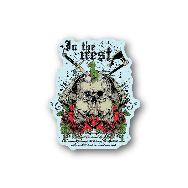Skull and bird vinyl sticker with roses, bold illustrated graphic