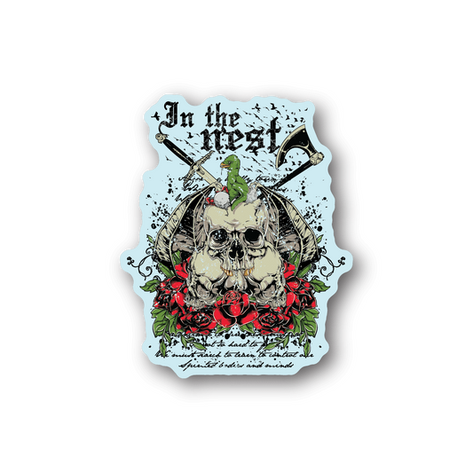 Skull and bird vinyl sticker with roses, bold illustrated graphic