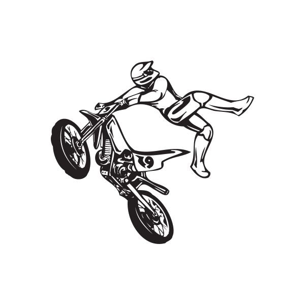 Dirt bike decal with rider graphic, black and white silhouette