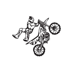 Motorcycle rider decal, black-and-white line art with circular flame detail