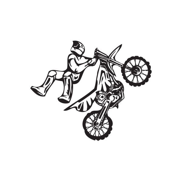 Motorcycle rider decal, black-and-white line art with circular flame detail
