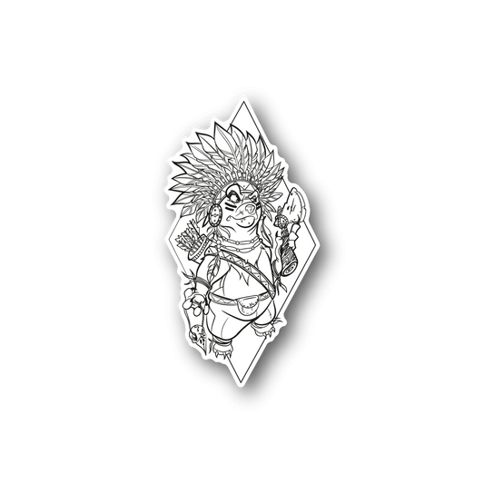 Vinyl sticker with black-and-white Indian chief line art portrait, diamond shape