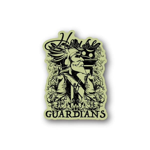 Vinyl sticker with illustrated guardian face and ribbon text 'GUARDIANS'