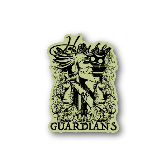Vinyl sticker with illustrated guardian face and ribbon text 'GUARDIANS'