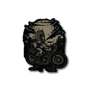 Motorcycle rider vinyl sticker with Indian chief on bike, tan and black