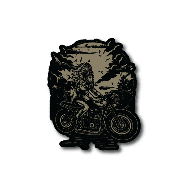 Motorcycle rider vinyl sticker with Indian chief on bike, tan and black