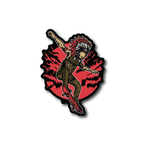 Vinyl skateboard sticker of chief skater with red flames and black outline